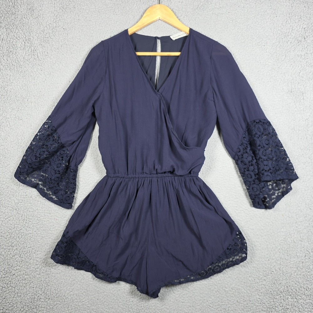Abercrombie & Fitch Romper Womens Size Medium Navy Bell Sleeve Eyelet V Neck NWT